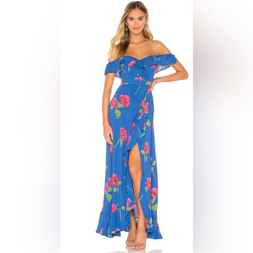 Flynn Skye Monica Off-Shoulder Blue Floral Maxi Dress with Ruffle Hem